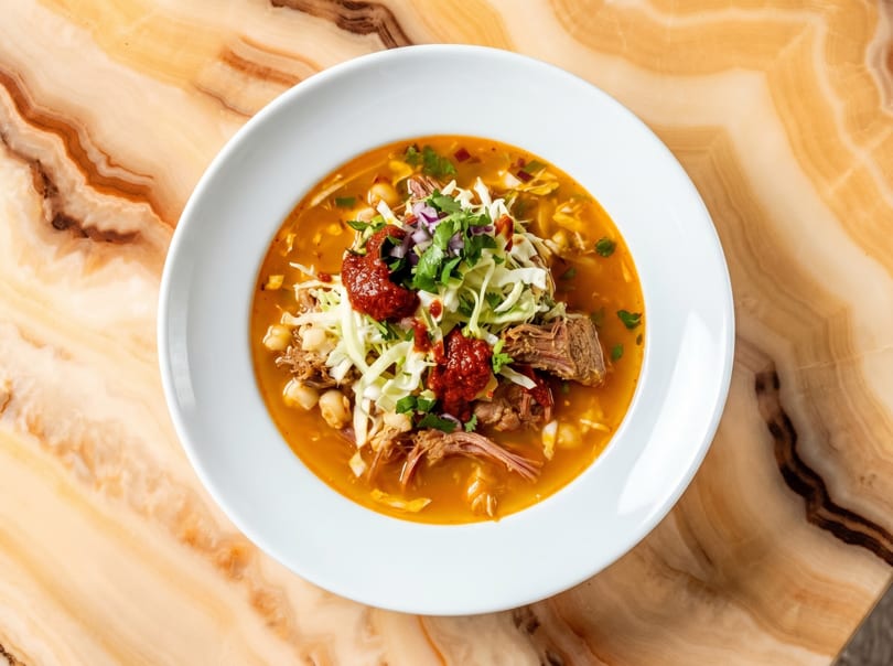 Pozole Rojo, a Mexican stew with pork, hominy, red chili sauce, cabbage, and cilantro.